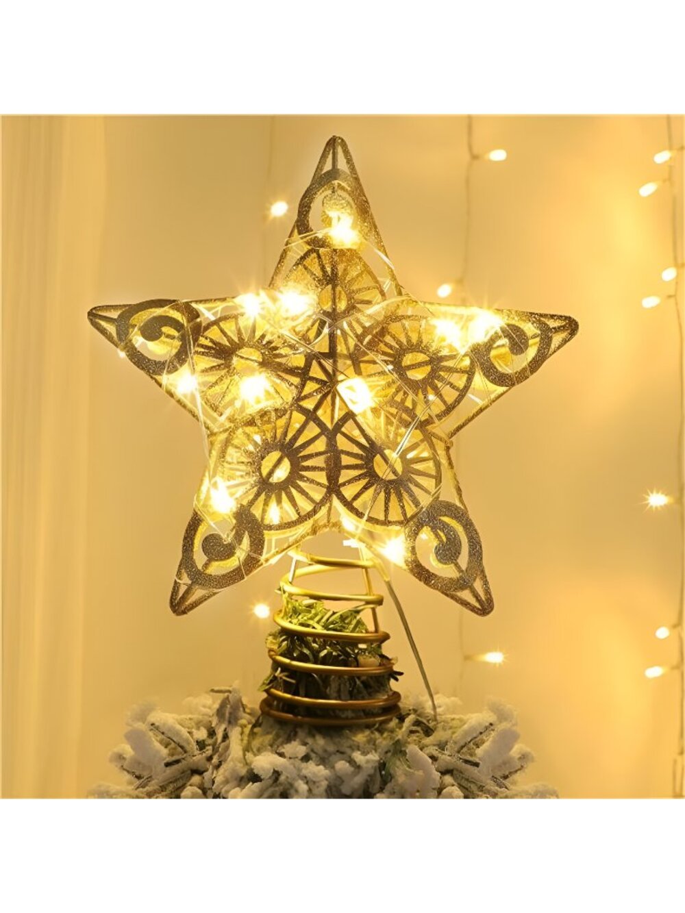 Star Tree Topper with 20 LED Lights, Metal Golden Lighted Treetop Ornaments